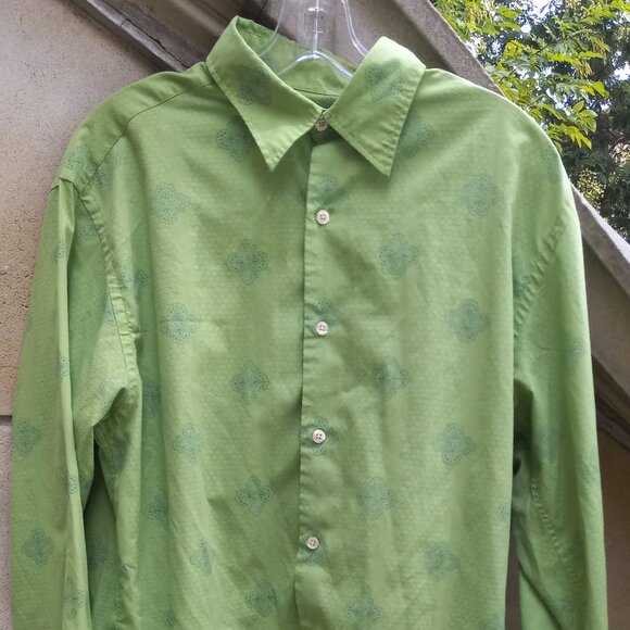 Perry Ellis Button Front Shirt Long Sleeves Green Honeycomb & Paisley Vintage L - Picture 1 of 15